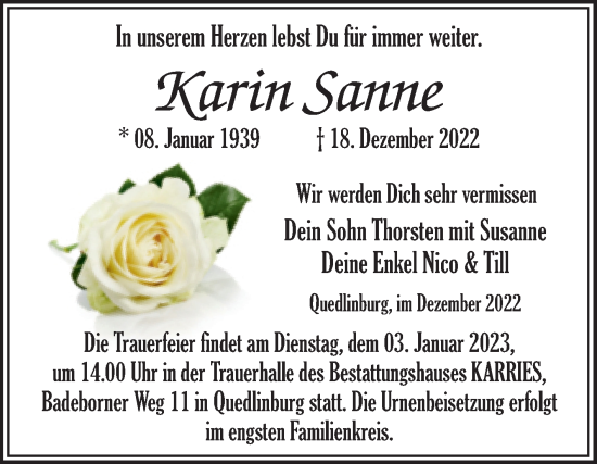 Traueranzeige von Karin Sanne von Trauerkombi Quedlinburg