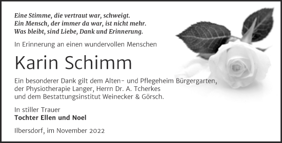 Traueranzeige von Karin Schimm von Trauerkombi Bernburg