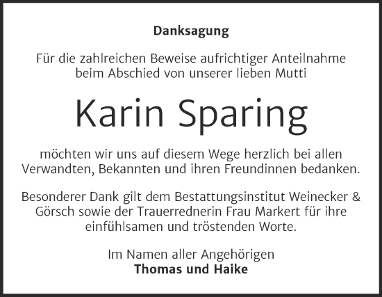 Traueranzeige von Karin Sparing von Trauerkombi Bernburg