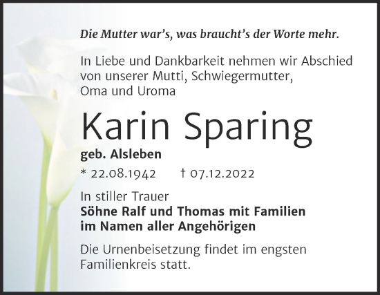 Traueranzeige von Karin Sparing von Trauerkombi Bernburg
