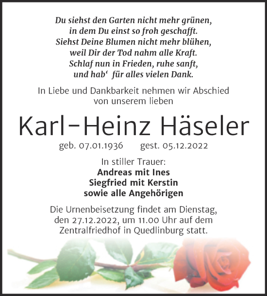Traueranzeige von Karl-Heinz Häseler von Trauerkombi Quedlinburg