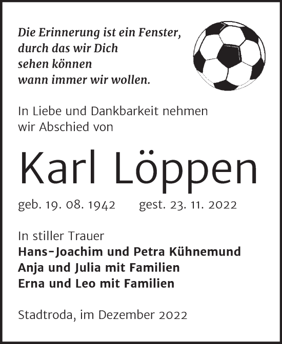 Traueranzeige von Karl Löppen von Mitteldeutsche Zeitung Mansfelder Land