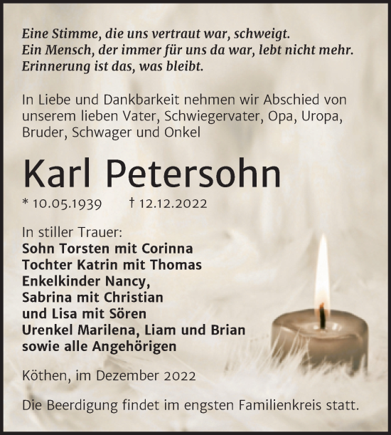 Traueranzeige von Karl Petersohn von Trauerkombi Köthen