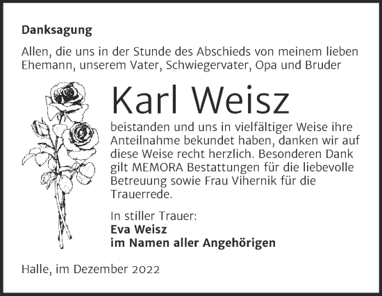 Traueranzeige von Karl Weisz von Mitteldeutsche Zeitung Halle/Saalkreis
