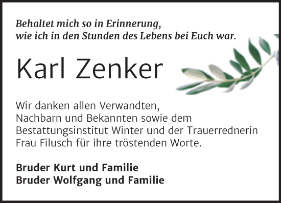 Traueranzeige von Karl Zenker von Trauerkombi Bitterfeld