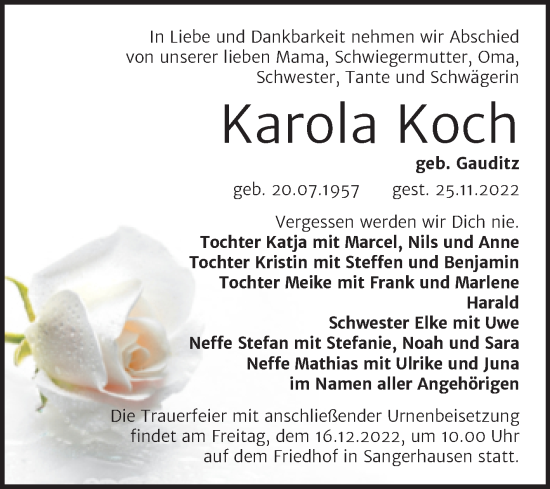 Traueranzeige von Karola Koch von Trauerkombi Sangerhausen