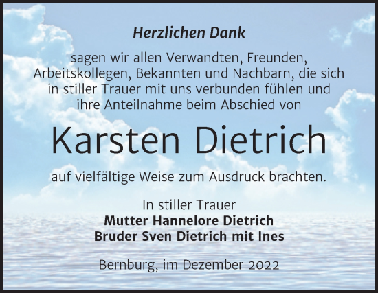 Traueranzeige von Karsten Dietrich von Trauerkombi Bernburg