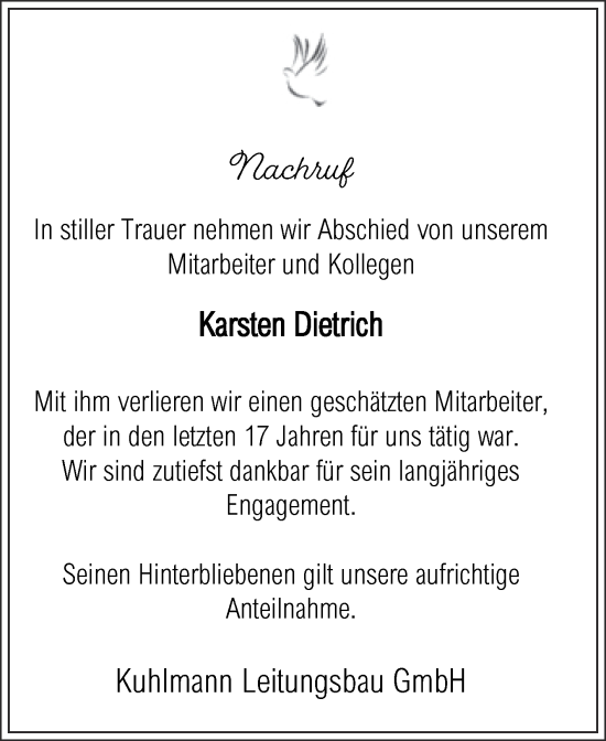 Traueranzeige von Karsten Dietrich von Super Sonntag Bernburg