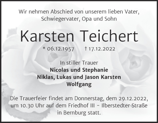 Traueranzeige von Karsten Teichert von Trauerkombi Bernburg