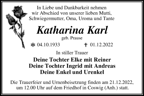 Traueranzeige von Katharina Karl von Trauerkombi Wittenberg