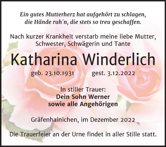 Traueranzeige von Katharina Winderlich von Trauerkombi Wittenberg