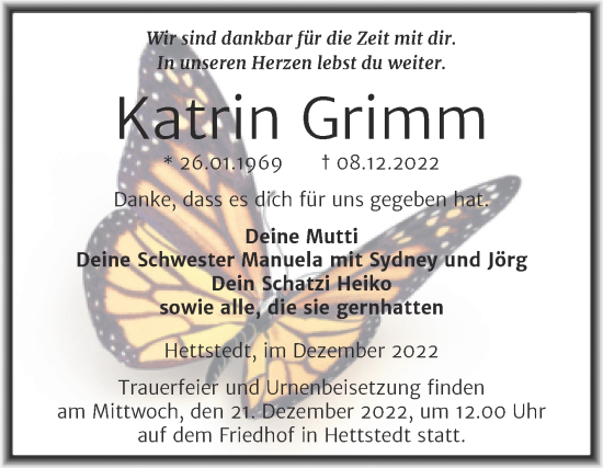 Traueranzeige von Katrin Grimm von Mitteldeutsche Zeitung Mansfelder Land