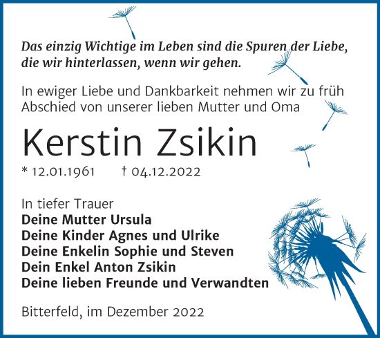 Traueranzeige von Kerstin Zsikin von Trauerkombi Bitterfeld
