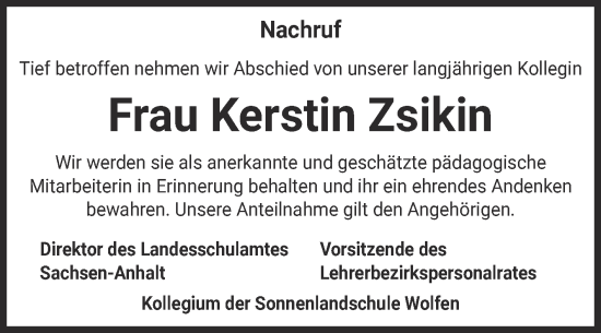 Traueranzeige von Kerstin Zsikin von Mitteldeutsche Zeitung Bitterfeld