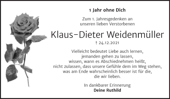 Traueranzeige von Klaus-Dieter Weidenmüller von Trauerkombi Köthen