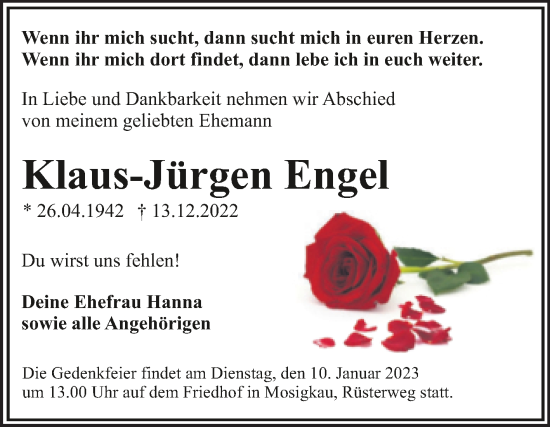 Traueranzeige von Klaus-Jürgen Engel von Trauerkombi Dessau