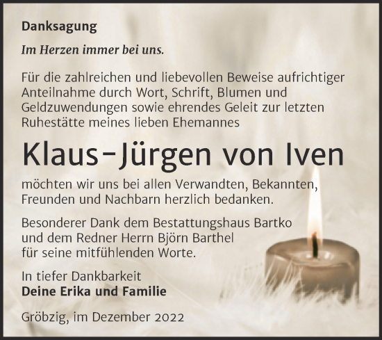 Traueranzeige von Klaus-Jürgen von Iven von Trauerkombi Köthen