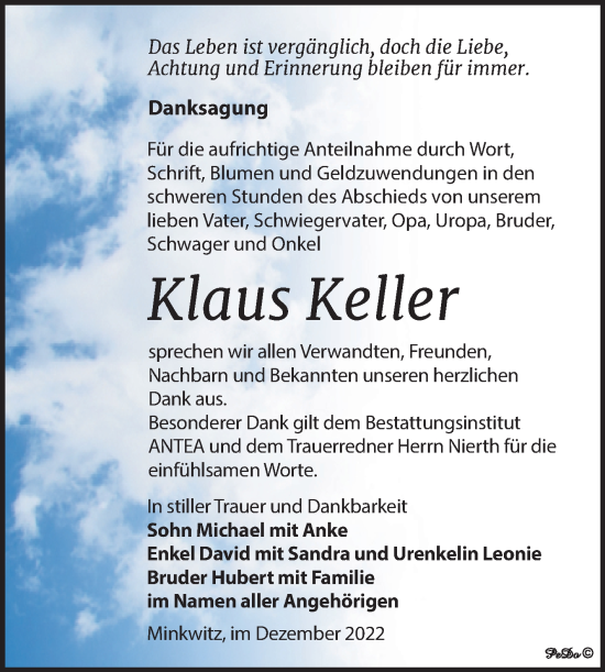 Traueranzeige von Klaus Keller von Trauerkombi Zeitz