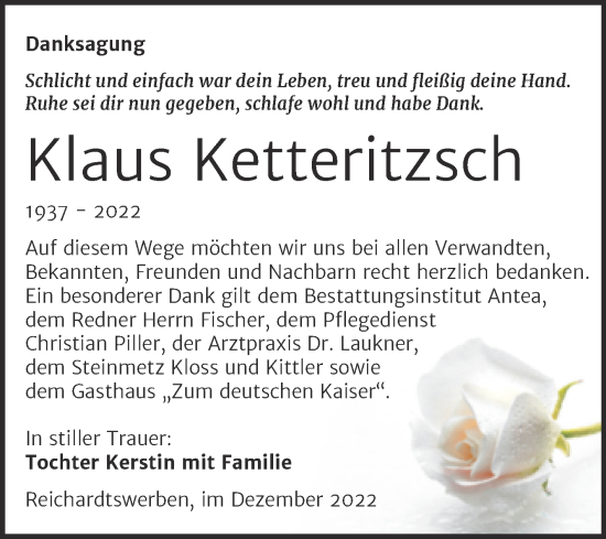 Traueranzeige von Klaus Ketteritzsch von Trauerkombi Weißenfels