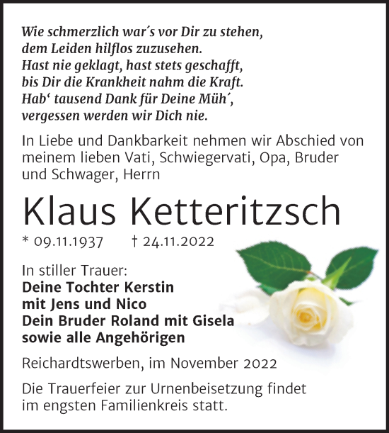 Traueranzeige von Klaus Ketteritzsch von Trauerkombi Weißenfels