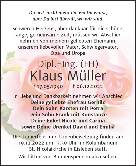 Traueranzeige von Klaus Müller von Trauerkombi Mansfelder Land