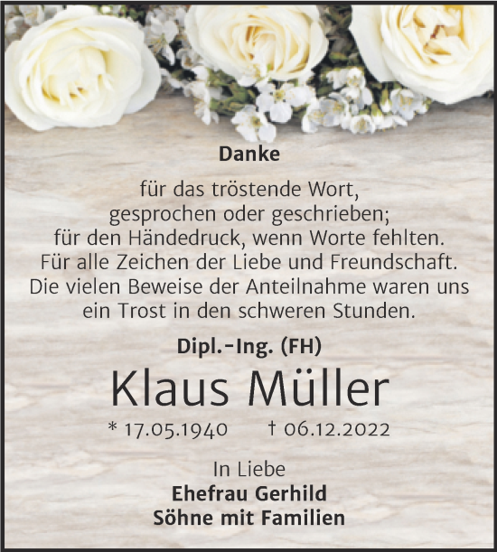 Traueranzeige von Klaus Müller von Trauerkombi Mansfelder Land