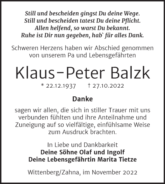 Traueranzeige von Klaus-Peter  Balzk von Trauerkombi Wittenberg