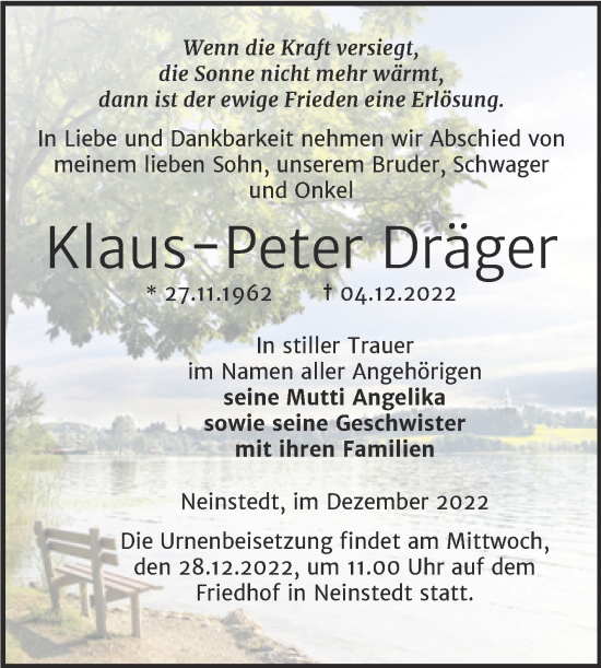 Traueranzeige von Klaus-Peter Dräger von Trauerkombi Quedlinburg