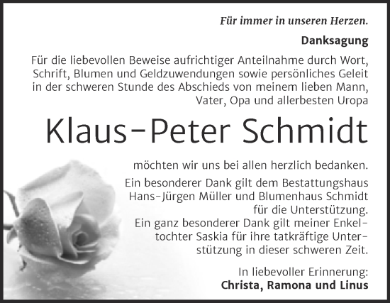 Traueranzeige von Klaus-Peter Schmidt von Trauerkombi Aschersleben