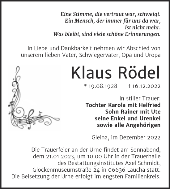 Traueranzeige von Klaus Rödel von Wochenspiegel Naumburg/Nebra