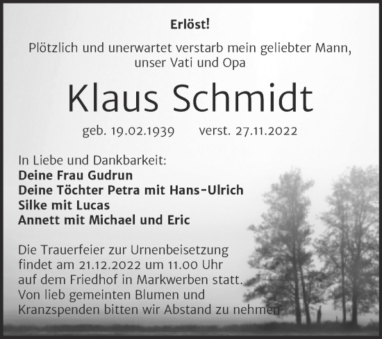 Traueranzeige von Klaus Schmidt von Trauerkombi Weißenfels