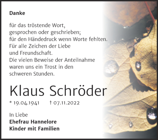 Traueranzeige von Klaus Schröder von Trauerkombi Mansfelder Land