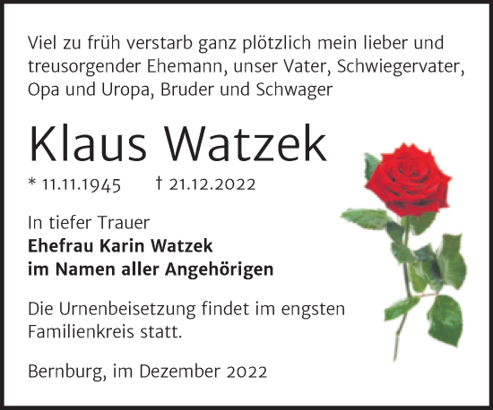 Traueranzeige von Klaus Watzek von Trauerkombi Bernburg