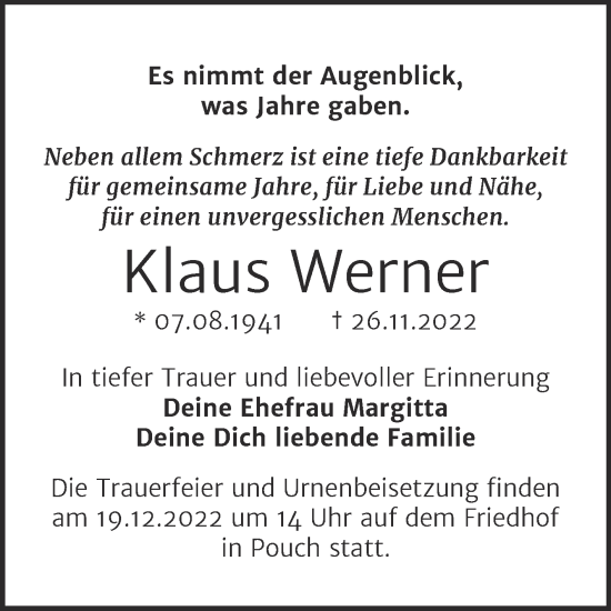 Traueranzeige von Klaus Werner von Trauerkombi Bitterfeld