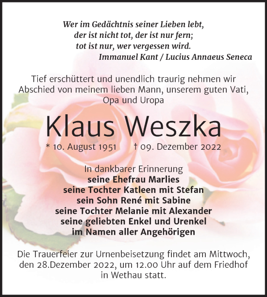 Traueranzeige von Klaus Weszka von Wochenspiegel Naumburg/Nebra