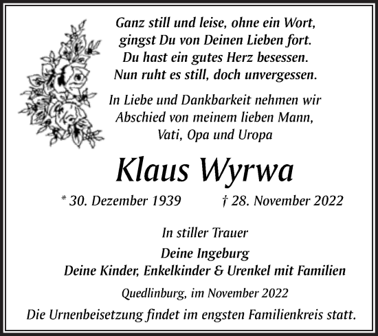 Traueranzeige von Klaus Wyrwa von Trauerkombi Quedlinburg