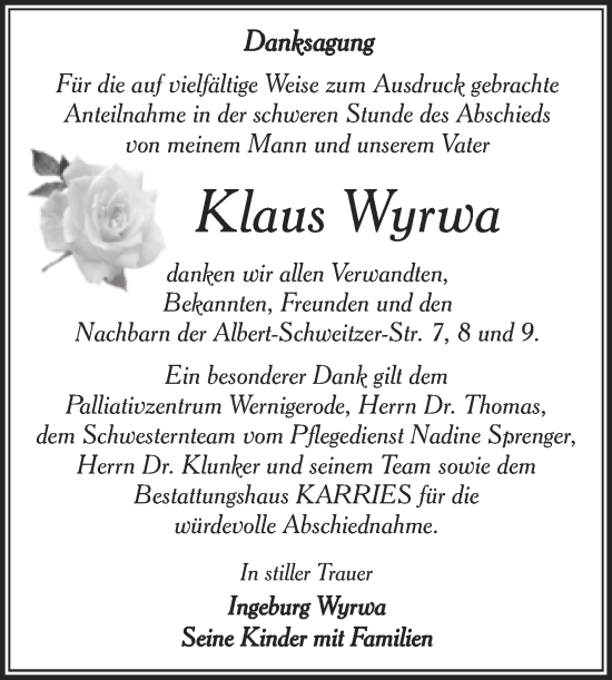Traueranzeige von Klaus Wyrwa von Trauerkombi Quedlinburg