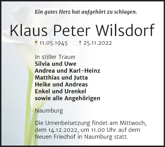 Traueranzeige von Klaus Peter Wilsdorf von Wochenspiegel Naumburg/Nebra