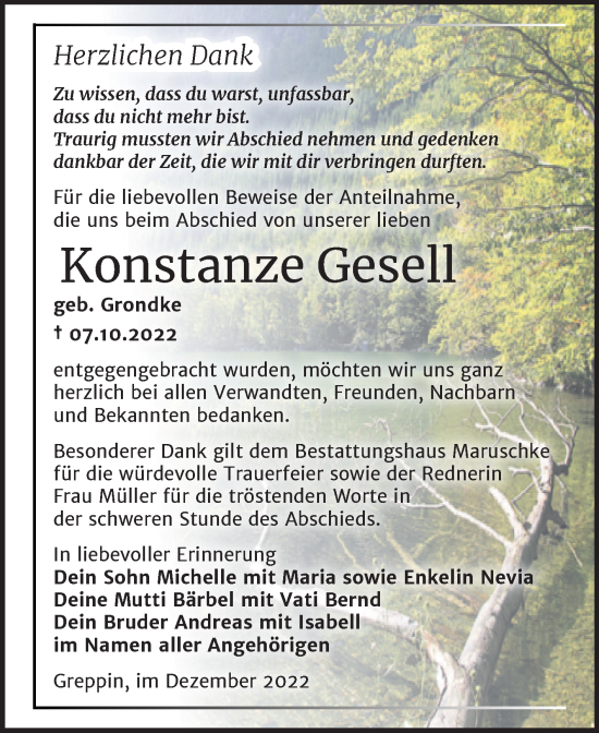 Traueranzeige von Konstanze Gesell von Trauerkombi Bitterfeld
