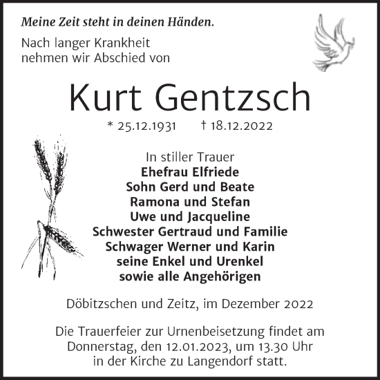 Traueranzeige von Kurt Gentzsch von Trauerkombi Zeitz