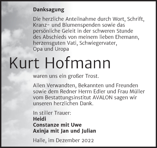 Traueranzeige von Kurt Hofmann von Mitteldeutsche Zeitung Halle/Saalkreis