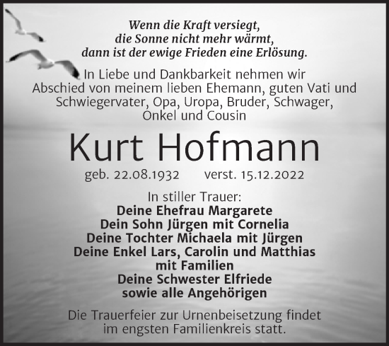 Traueranzeige von Kurt Hofmann von Trauerkombi Weißenfels