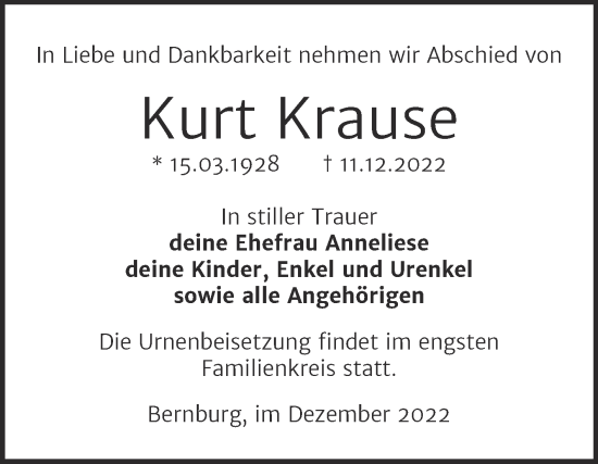 Traueranzeige von Kurt Krause von Trauerkombi Bernburg