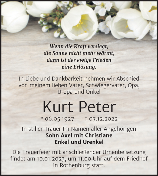 Traueranzeige von Kurt Peter von Mitteldeutsche Zeitung Halle/Saalkreis