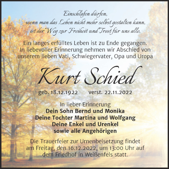 Traueranzeige von Kurt Schied von Trauerkombi Weißenfels