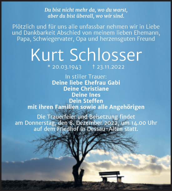Traueranzeige von Kurt Schlosser von Trauerkombi Dessau