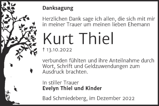 Traueranzeige von Kurt Thiel von Trauerkombi Wittenberg