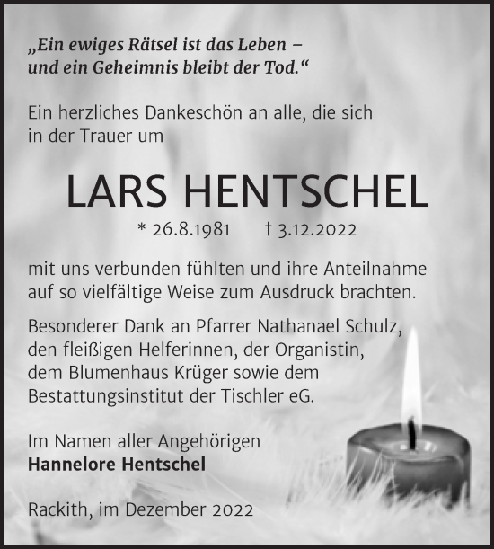 Traueranzeige von Lars Hentschel von Trauerkombi Wittenberg