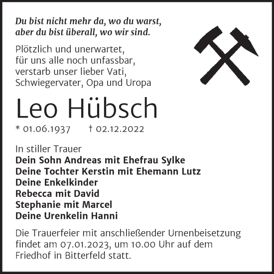 Traueranzeige von Leo Hübsch von Trauerkombi Bitterfeld