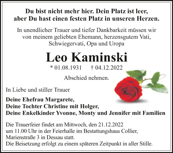 Traueranzeige von Leo Kaminski von Trauerkombi Dessau
